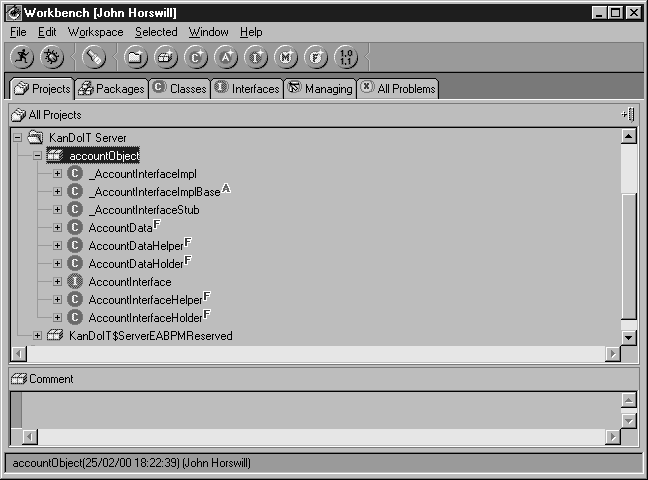 VisualAge for Java: Workbench showing the classes of the accountObject package