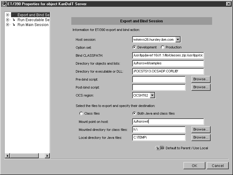 VisualAge for Java: ET/390 properties for exporting and binding