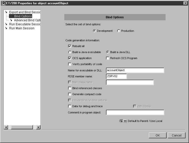 VisualAge for Java: ET/390 Properties for object accountObject