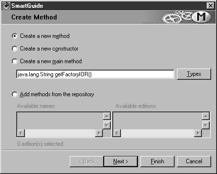 VisualAge for Java: Create Method panel