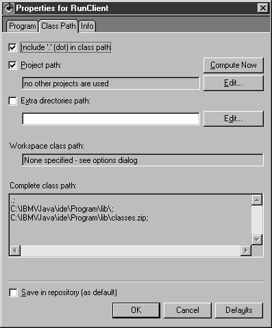 VisualAge for Java: Class Path for RunClient