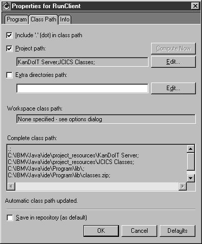 VisualAge for Java: Properties for RunClient