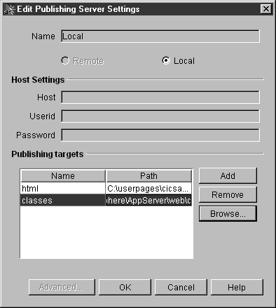 WebSphere Studio: Edit Publishing Server Settings