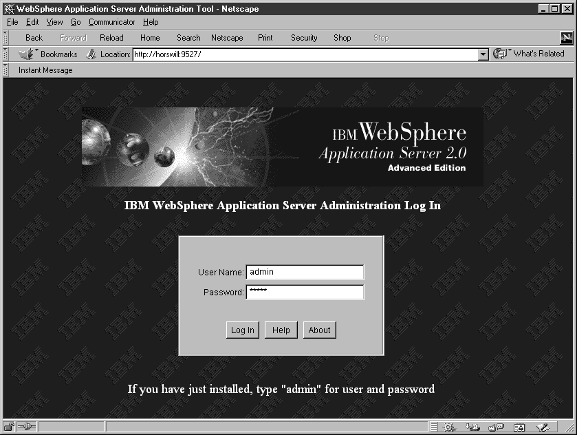 WebSphere Application Server: Administration login panel