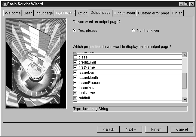 Basic Servlet Wizard: The Output page