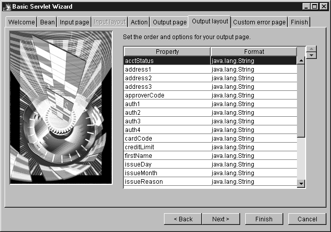 Basic Servlet Wizard: The Output layout page