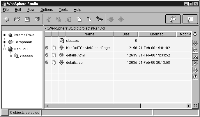 WebSphere Studio: The main window showing the JSP and the details.html files