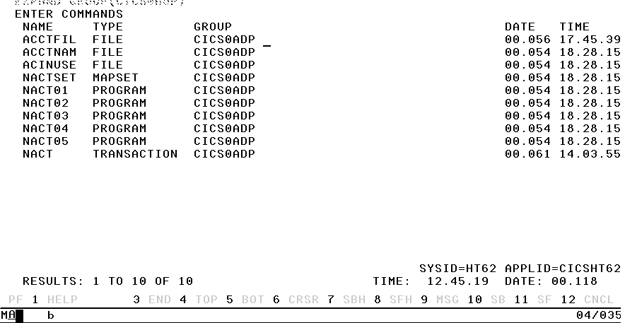 CEDA EXPAND GROUP(CICS0ADP) screen