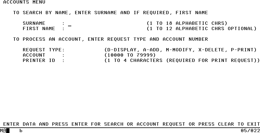 Accounts Menu from a 3270 screen