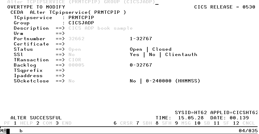 CEDA VIEW TCPIPSERVICE(PRMTCPIP)