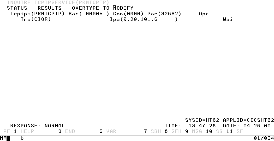 CEMT INQUIRE TCPIPSERVICE(PRMTCPIP) screen