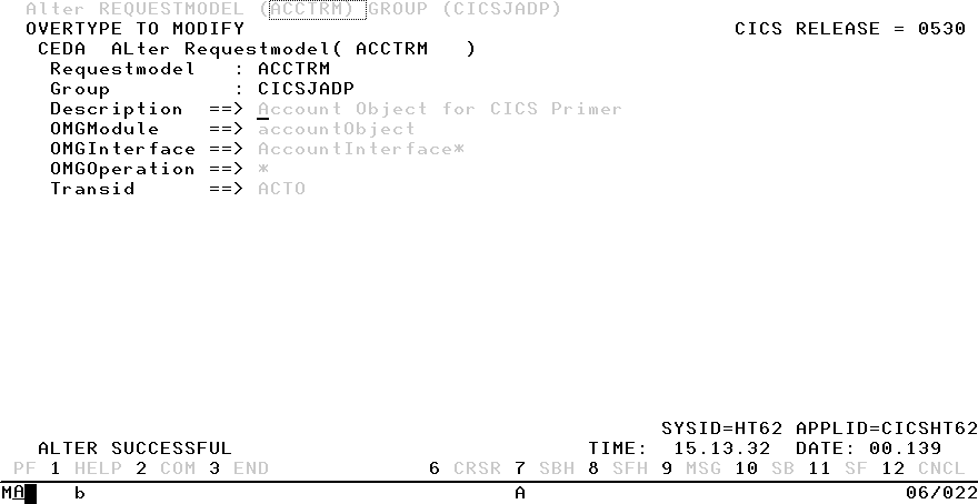 CEDA ALTER REQUESTMODEL (ACCTRM) screen