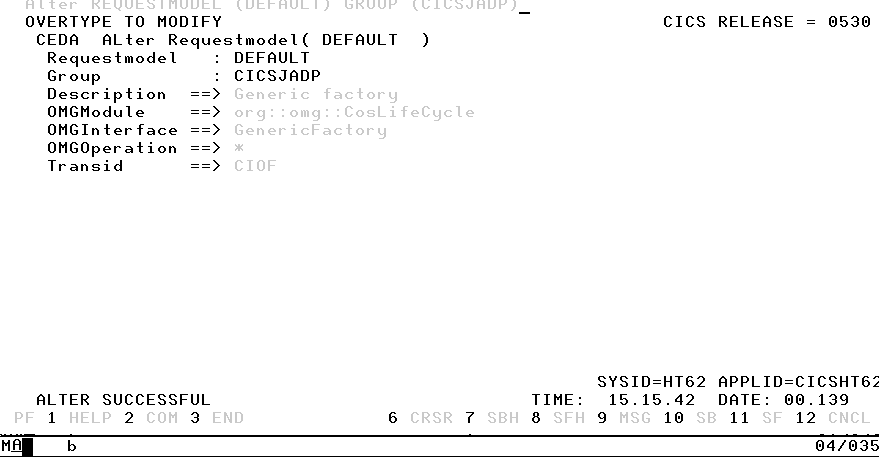 CEDA DEFINE REQUESTMODEL (DEFAULT) screen