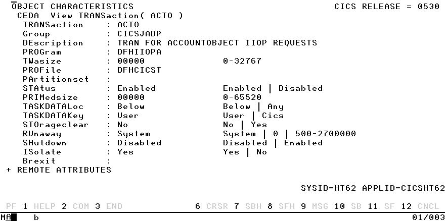 CEDA DEFINE TRANSACTION screen