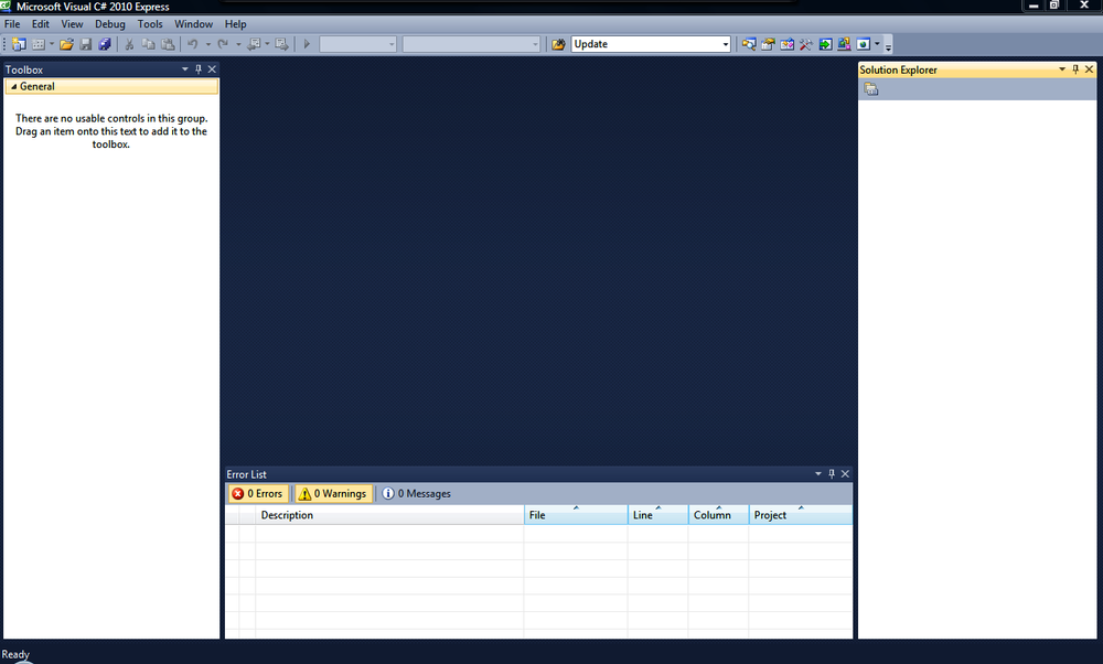 The main screen for the Microsoft Visual C# 2010 Express
