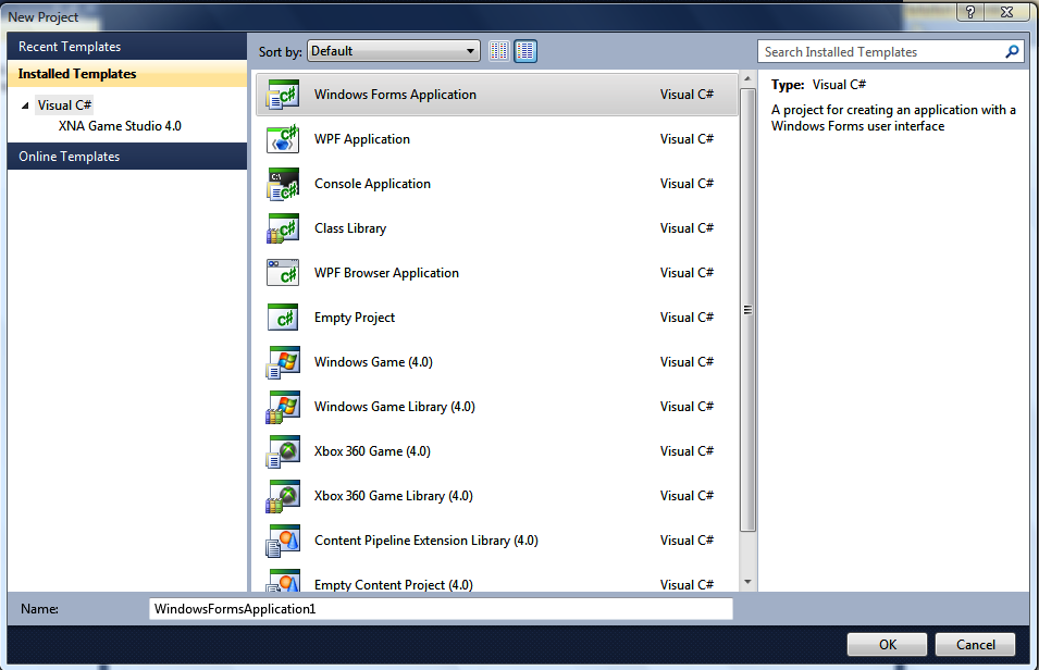 The C# New Project Dialog, where you will find the Windows Forms Application