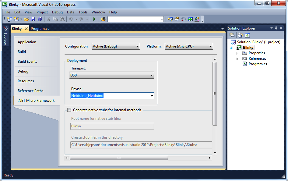 Setting the project’s .NET Micro Framework properties