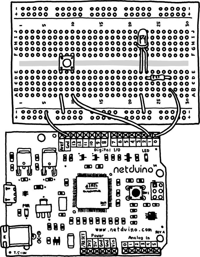 Wiring the button and LED up on a breadboard