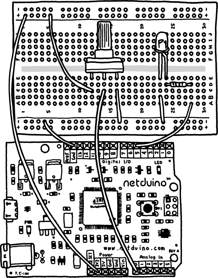 Connecting the potentiometer and LED