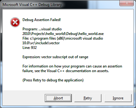 Microsoft Visual Studio “Index out of bounds” dialog box