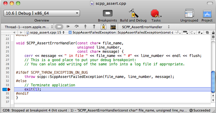 Debugger stopped inside the error handler function in XCode (Max OS X Leopard)