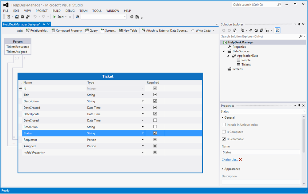 The ticket entity with relationships with the People table for Requestor and Assigned