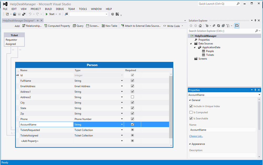 Implementing a unique index on AccountName using the Properties window