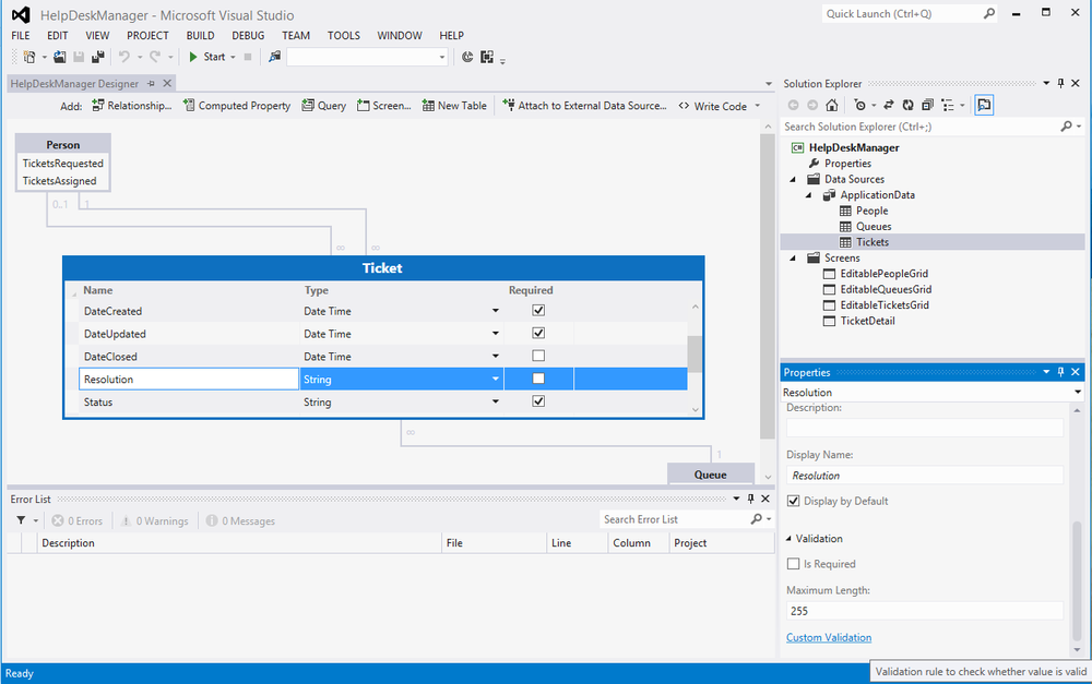 Add custom validation rules via the Properties window on each entity property