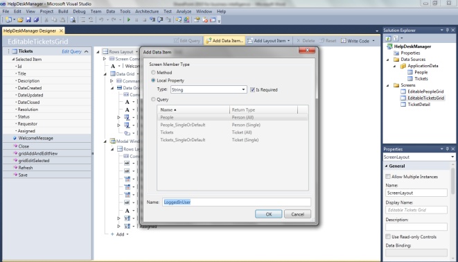 Adding a string property for the logged-in user to our EditableTicketsGrid screen