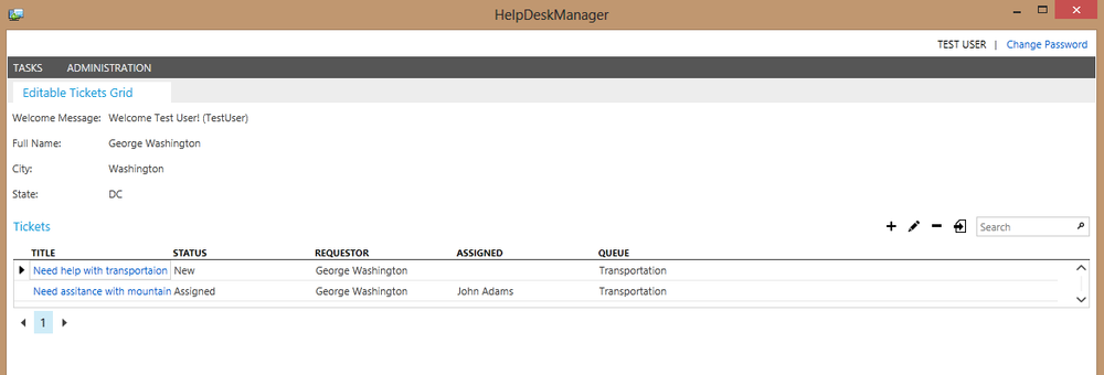 The Tickets grid with personalization for the logged-in user