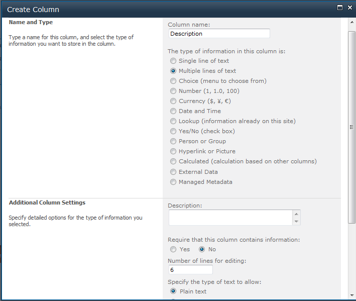 Create Column box