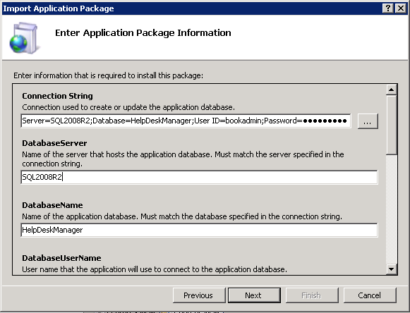 Entering the database server and database name in the Import Application Package Wizard