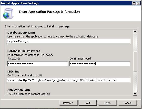 Entering database credentials and SharePoint list connection in the Import Application Package Wizard