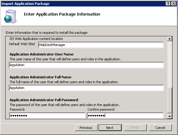 Configuring the website and application administrator in the Import Application Package Wizard