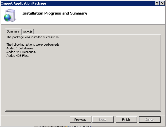 Completed Import Application Package Wizard