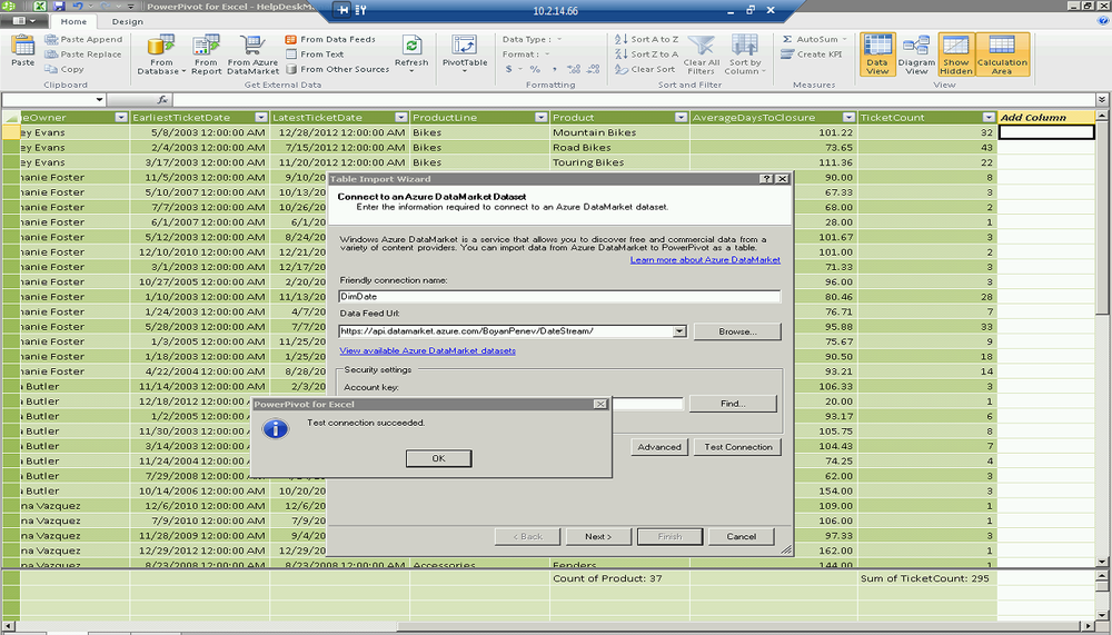 Successful connection test to Azure DataMarket