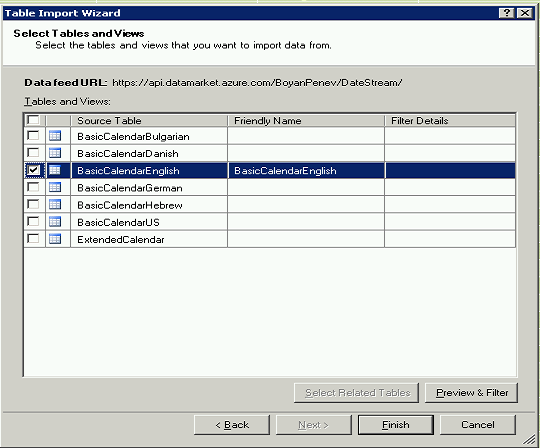 Selecting the table to import from the Azure DataMarket