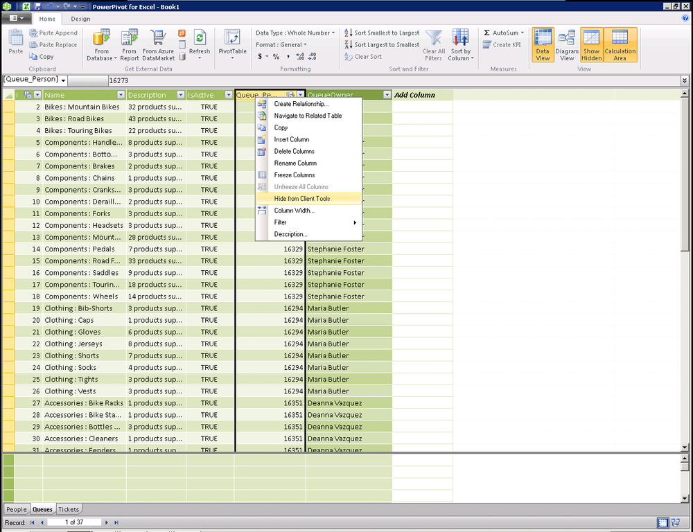 Selecting the column to hide