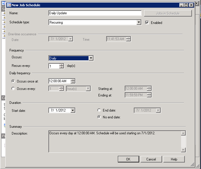 New Job Schedule dialog