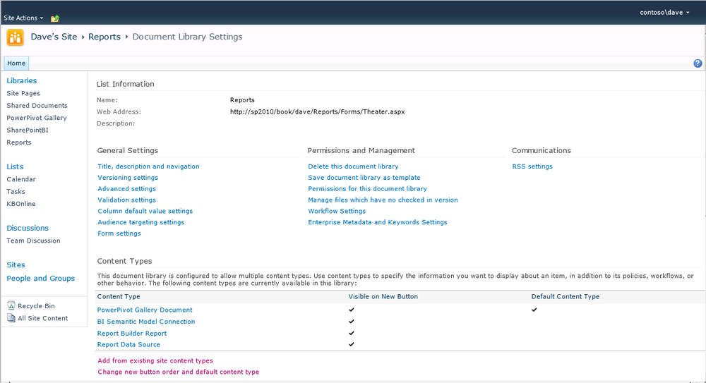 Library settings with BI content types added