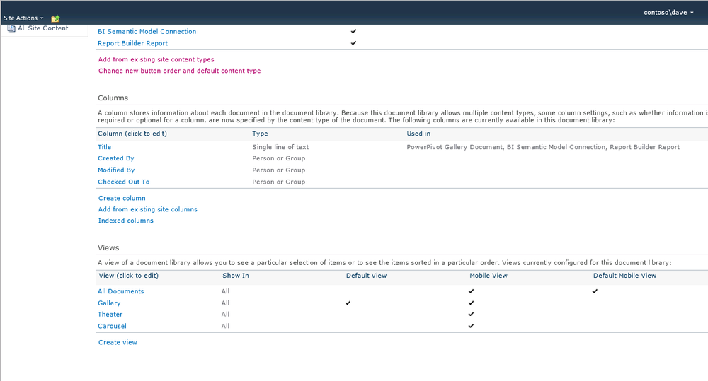 Document Library Settings Views section