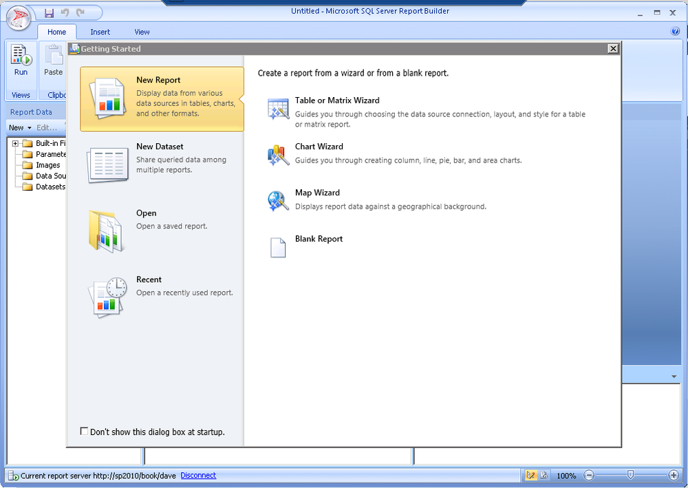 Report Builder Getting Started dialog