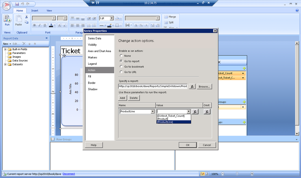 Linking to a drill-down report in the Action tab of the Series Properties dialog