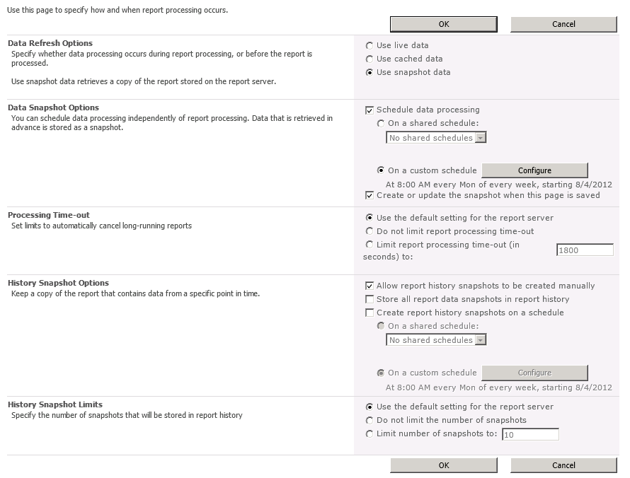 Configuring report snapshot options