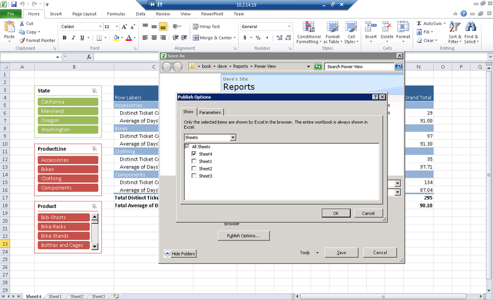 The Excel Services Publish Options dialog controls worksheet visibility