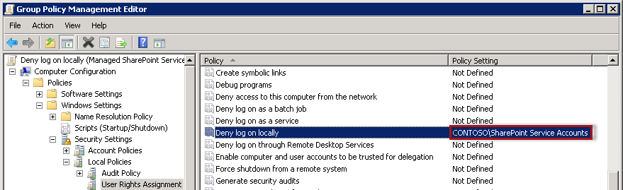 Group Policy setting to “Deny log on locally” for SharePoint Service Accounts