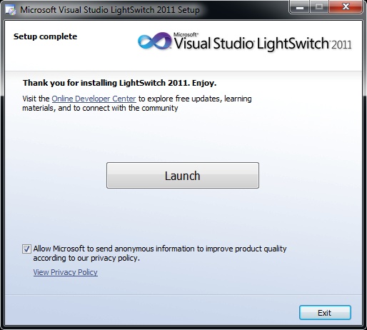 LightSwitch setup completion screen