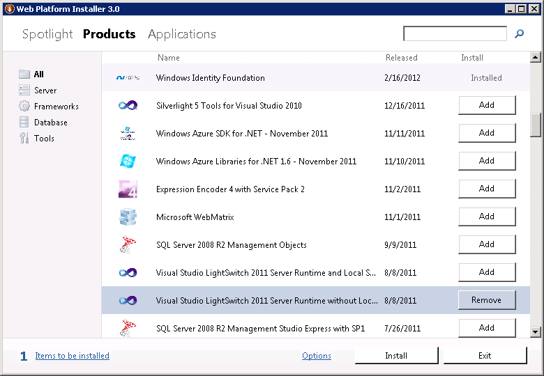 Web PI 3.0 installer screen selection of Visual Studio LightSwitch 2011 Server Runtime without Local SQL