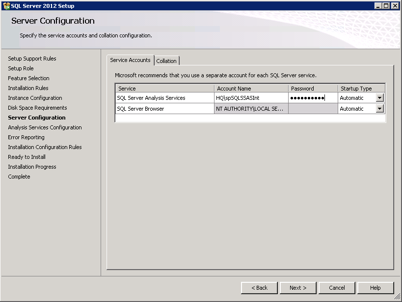 Assigning the service account to run Analysis Services