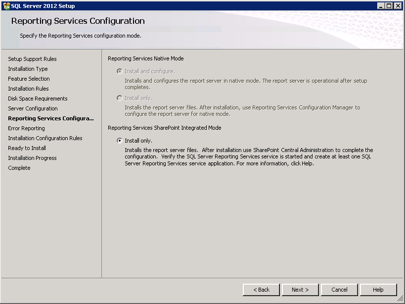 Setting to Install only for Reporting Services